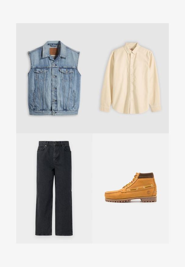 Veste en jean bleu clair avec col pointu, fermeture avant par boutons, deux poches poitrine et poches latérales ; comporte un écusson de marque en cuir.; Chemise beige à manches longues avec col et boutons, présentée à plat avec les boutons fermés et les poignets boutonnés sur un fond clair.; Pantalons en denim bleu foncé à jambe large, avec un design à cinq poches et une fermeture à bouton. Comprend des accessoires en ton cuivre et une texture subtile.; Timberland AUTHENTIC 7 EYE - Bottines à lacets - wheat