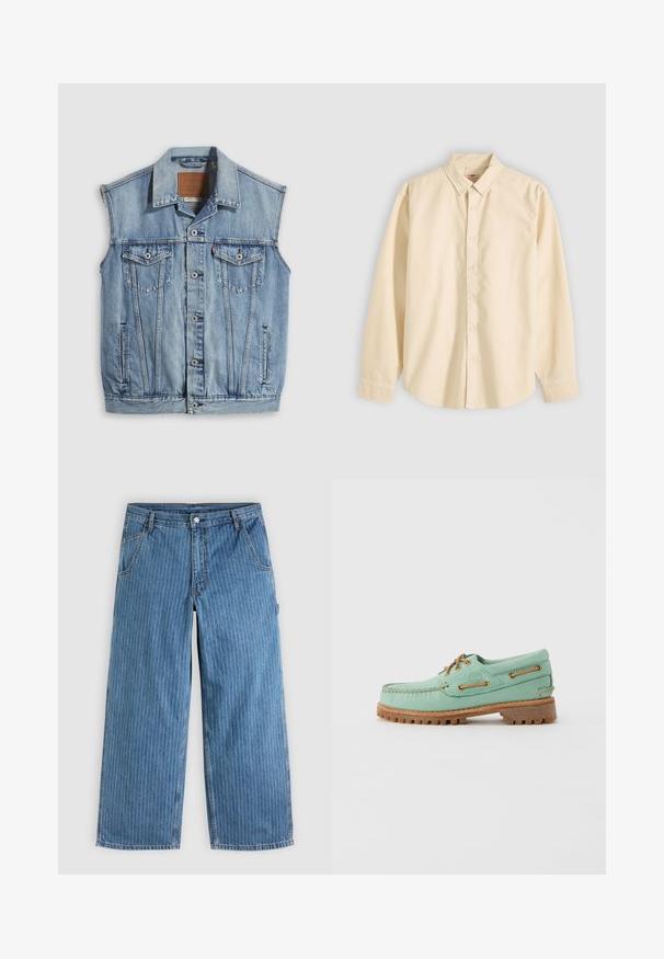 Veste en jean bleu clair avec col pointu, fermeture avant par boutons, deux poches poitrine et poches latérales ; comporte un écusson de marque en cuir.; Chemise beige à manches longues avec col et boutons, présentée à plat avec les boutons fermés et les poignets boutonnés sur un fond clair.; Jean bleu à jambes larges avec fines rayures verticales blanches, poches avant, passants pour ceinture et fermeture par bouton à la taille.; Chaussure bateau en cuir vert clair avec des lacets et œillets marron, équipée d'une semelle en caoutchouc épaisse et texturée et de détails cousus le long des bords.