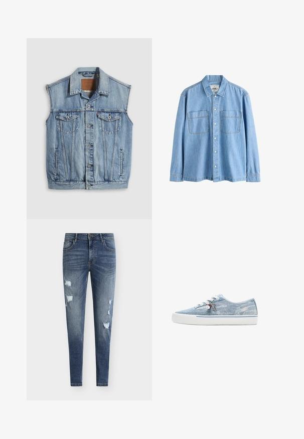 Denimvest i lyseblå med spidse krave, knapper foran, to brystlommer og sidelommer; har et lædermærke med mærket.; Lyseblå denimskjorte med lange ærmer, knaplukning foran og to brystlommer, vist på hvid baggrund.; Smaltsiddende blå denimjeans med slidte detaljer, flere revner og en falmet vask. Har fem-lomme-design og bæltestropper.; Lavtopet sneaker i lyseblåt denim med hvid gummisål, hvide snørebånd og dekorative charms, der hænger fra de sideplacerede snørehuller.