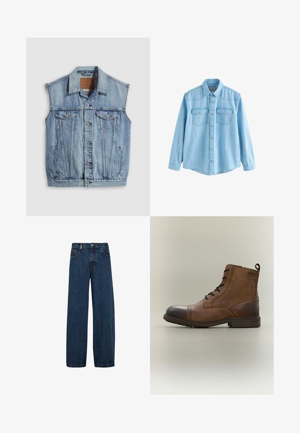 Chaleco vaquero en azul claro con cuello puntiagudo, cierre frontal con botones, dos bolsillos en el pecho y bolsillos laterales; cuenta con una etiqueta de cuero con la marca.; Camisa de mezclilla azul claro de manga larga con botones en la parte frontal y dos bolsillos en el pecho con solapas abotonadas.; Vaqueros de mezclilla en azul oscuro, con un corte de pierna ancha, diseño de cinco bolsillos y un cierre clásico de botón con cremallera de metal.; Bota de cuero marrón con cordones hasta el tobillo, puntera negra, suela redonda y detalle de marca en el lateral sobre un fondo liso.