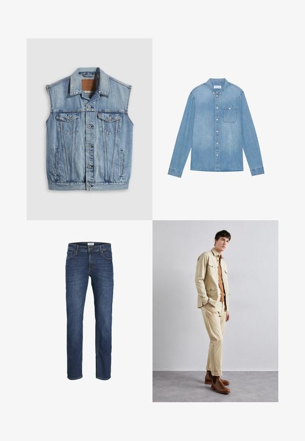 Veste en jean bleu clair avec col pointu, fermeture avant par boutons, deux poches poitrine et poches latérales ; comporte un écusson de marque en cuir.; Chemise en denim bleu clair à boutons, manches longues, col pointu, poche poitrine unique et décoloration subtile sur le tissu.; Jean en denim bleu foncé avec une coupe droite, design à cinq poches et détails de couture visibles. Fermeture classique par bouton et zip.; Veste en coton beige avec deux poches poitrine, portée sur une chemise marron et un pantalon beige assorti. Des bottines en cuir marron à la cheville viennent compléter la tenue.