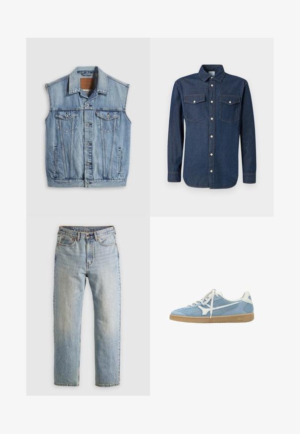 Jeansweste in Hellblau mit spitzem Kragen, vorderer Knopfleiste, zwei Brusttaschen und Seitentaschen; mit Leder-Branding-Patch versehen.; Dunkelblaues Jeanshemd mit klassischem Kragen, langen Ärmeln und zwei Brusttaschen. Verfügt über weiße Knöpfe und kontrastierende Nähte.; Helle blaue Jeans mit hoher Taille, Frontknopf, Reißverschluss und fünf Taschen-Design, flach auf einem neutralen Hintergrund ausgelegt.; Hellblaue und weiße Sneaker mit niedrigem Schaft, Mesh- und Wildleder-Obermaterial, weißen Schnürsenkeln und Gummisohle.