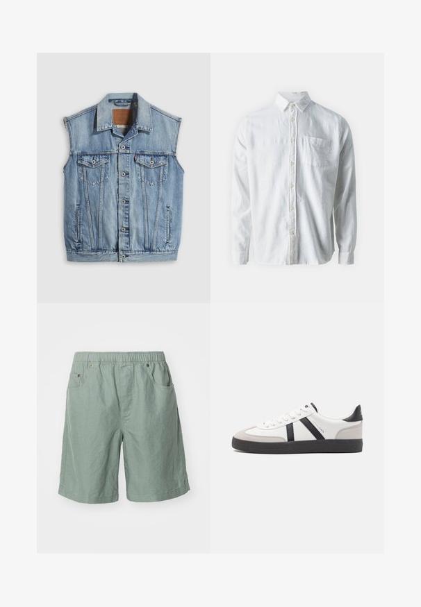 Denimvest i lyseblå med spidse krave, knapper foran, to brystlommer og sidelommer; har et lædermærke med mærket.; Hvid langærmet skjorte med knaplukning i åndbart stof, med klassisk krave, knaplukning og en enkelt brystlomme.; Lys grønne shorts lavet af struktureret stof med elastisk talje, der har to sidelommer og minimale syninger.; Hvide sneakers med sorte og grå detaljer, med en tekstureret grå tåhætte, sort gummisål og flade hvide snørebånd. Rent design, minimalistisk stil.