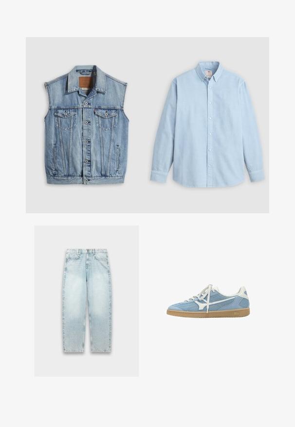 Denimvest in lichtblauw met een puntige kraag, knoopsluiting aan de voorkant, twee borstzakken en zijzakken; voorzien van een lederen merkpatch.; Lichtblauw overhemd met lange mouwen, knoopsluiting, button-down kraag en een enkele borstzak, plat liggend op een grijze achtergrond.; Lichtblauwe denim jeans met een losse pasvorm, rechte pijpen, vervaagd textuur, vijf-pocket ontwerp en metalen knoopsluiting bij de taille.; Lichtblauwe en witte lage sneaker met mesh en suède bovenwerk, witte veters en een gum rubberen zool.