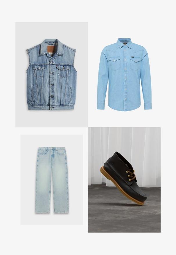 Jeansweste in Hellblau mit spitzem Kragen, vorderer Knopfleiste, zwei Brusttaschen und Seitentaschen; mit Leder-Branding-Patch versehen.; Hellblaue Jeans-Hemd mit langen Ärmeln, Knopfleiste, zwei knopfbaren Brusttaschen, spitzem Kragen und kleinem Lee-Logo auf der linken Tasche.; Helle blaue, hochtaillierte Jeans mit geradem Bein, verblasster Textur und klassischem Fünf-Taschen-Design.; Schwarze Lederschuhe mit glatter Oberfläche, runder Zehenform, braunen Schnürsenkeln und hellbraunen Gummisohlen. Logo an der Seite geprägt.