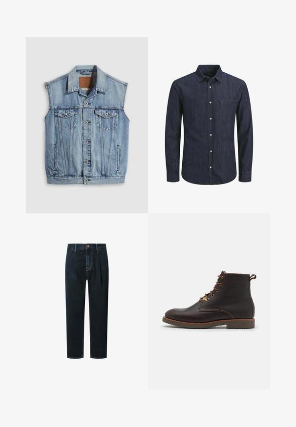 Chaleco vaquero en azul claro con cuello puntiagudo, cierre frontal con botones, dos bolsillos en el pecho y bolsillos laterales; cuenta con una etiqueta de cuero con la marca.; Camisa de mezclilla en azul oscuro con mangas largas, cuello cerrado, bolsillo frontal y botones blancos. Tejido texturizado con líneas horizontales.; Pantalones de mezclilla oscura con un ajuste holgado, que cuentan con una cintura alta, pliegues, cierre frontal con botón y costuras de contraste doradas.; Botín de cuero marrón hasta el tobillo con un acabado texturizado, puntera redonda, cordones en un tono marrón claro que contrastan, y suela de goma. Presenta un detalle decorativo con el logo.