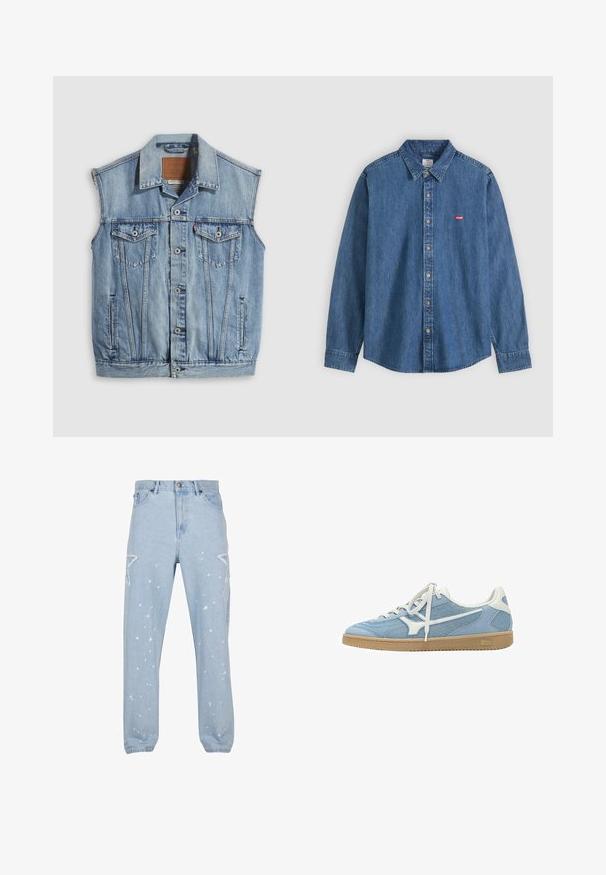Denimvest in lichtblauw met een puntige kraag, knoopsluiting aan de voorkant, twee borstzakken en zijzakken; voorzien van een lederen merkpatch.; Blauw denim bloes met lange mouwen, kraag en beige knopen, met een klein rood Levi's-logo op de linkerborst.; Lichtblauwe denim jeans met een relaxte pasvorm, voorzien van stervormige uitsparingen, verfspetters en een klassieke vijf-pocket ontwerp.; Lichtblauwe en witte lage sneaker met mesh en suède bovenwerk, witte veters en een gum rubberen zool.