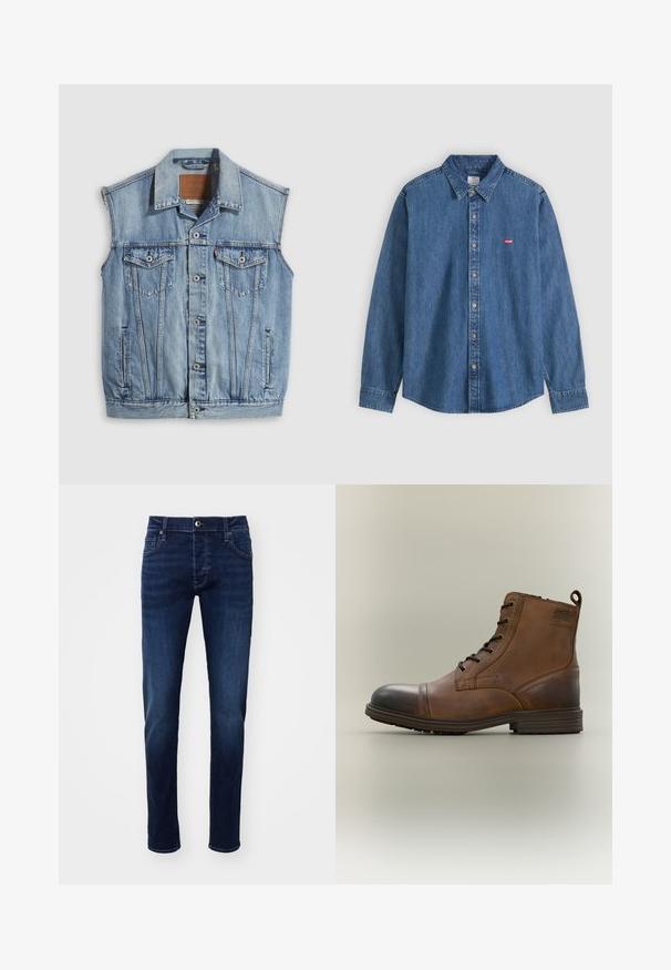 Denimvest in lichtblauw met een puntige kraag, knoopsluiting aan de voorkant, twee borstzakken en zijzakken; voorzien van een lederen merkpatch.; Blauw denim bloes met lange mouwen, kraag en beige knopen, met een klein rood Levi's-logo op de linkerborst.; Donkerblauwe slim-fit spijkerbroek met knoop aan de voorkant, zakken, riemlussen en subtiele vervaging details op de benen.; Bruine leren enkellaars met veters, zwarte neuskap, ronde zool en merkdetail aan de zijkant tegen een effen achtergrond.