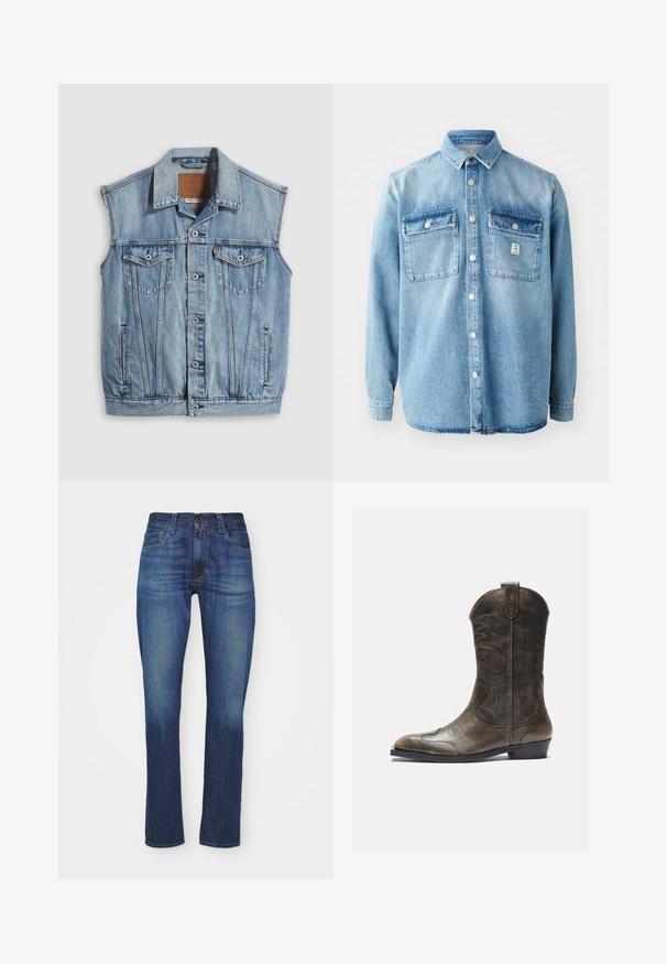 Jeansweste in Hellblau mit spitzem Kragen, vorderer Knopfleiste, zwei Brusttaschen und Seitentaschen; mit Leder-Branding-Patch versehen.; Hellblaues Denimhemd mit langen Ärmeln, Punktkragen, zwei Brusttaschen und Knopfverschluss vorne. Verfügt über eine dezente Stofftextur und Nähdetails.; Dunkelblaue Denim-Jeans im Slim-Fit-Schnitt mit klassischem Fünf-Taschen-Design, Reißverschluss und Knopfverschluss sowie subtiler Ausbleichung.; Braune Leder-Cowboystiefel mit hohem Schaft, spitzem Zehenbereich, aufwendigen Stickmustern und kleinem Absatz. Strukturierte Oberflächenbeschaffenheit.