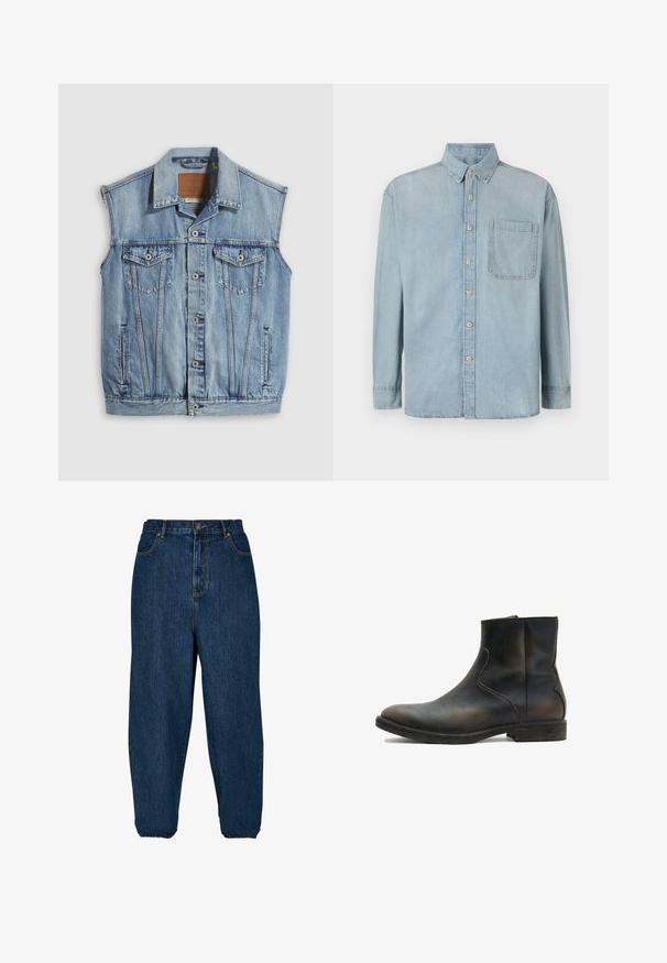 Chaleco vaquero en azul claro con cuello puntiagudo, cierre frontal con botones, dos bolsillos en el pecho y bolsillos laterales; cuenta con una etiqueta de cuero con la marca.; Camisa de mezclilla de color azul claro con mangas largas, cierre de botones en la parte delantera y un bolsillo en el pecho. Presenta un cuello clásico y puños estándar.; Jeans de denim azul oscuro con un corte holgado, cintura alta y puños elásticos. Cuenta con un cierre frontal de botón y cinco bolsillos.; AllSaints LANG - Botines - brown