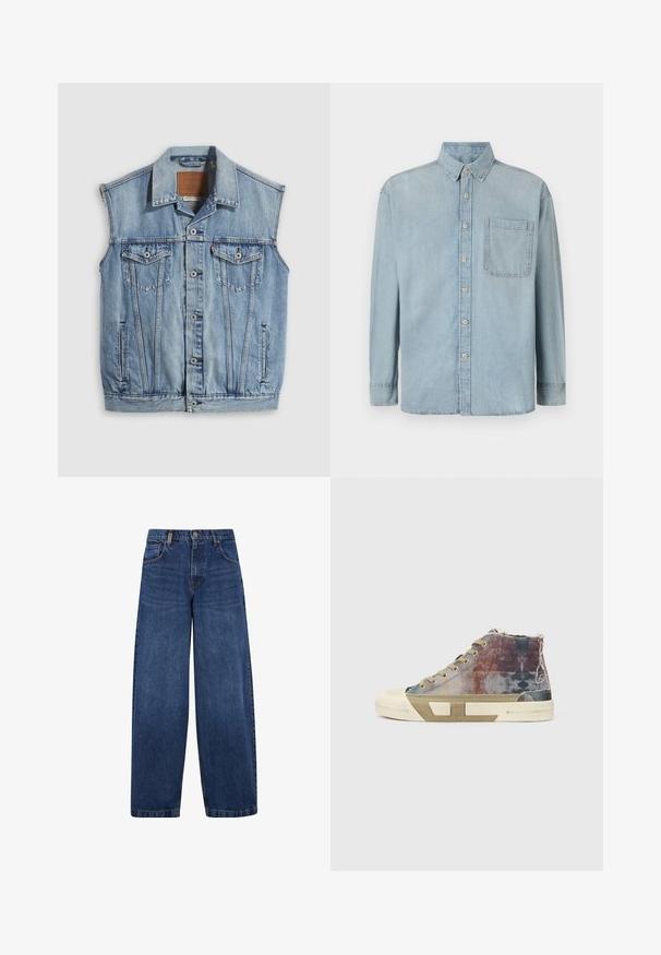 Denimvest in lichtblauw met een puntige kraag, knoopsluiting aan de voorkant, twee borstzakken en zijzakken; voorzien van een lederen merkpatch.; Lichtblauwe denim shirt met lange mouwen, een knoopsluiting aan de voorkant en een enkele borstzak. Het heeft een klassieke kraag en standaard manchetten.; Wijdvallende blauwe denim jeans met een klassiek vijf-pocket ontwerp, knoopsluiting en een licht vervaagde textuur. Stevige stikdetails.; High-top sneakers met een meerkleurig canvas bovenwerk met vervaagde patronen, beige zool en een minimalistisch ontwerp. Blootgestelde stiksels en accenten.