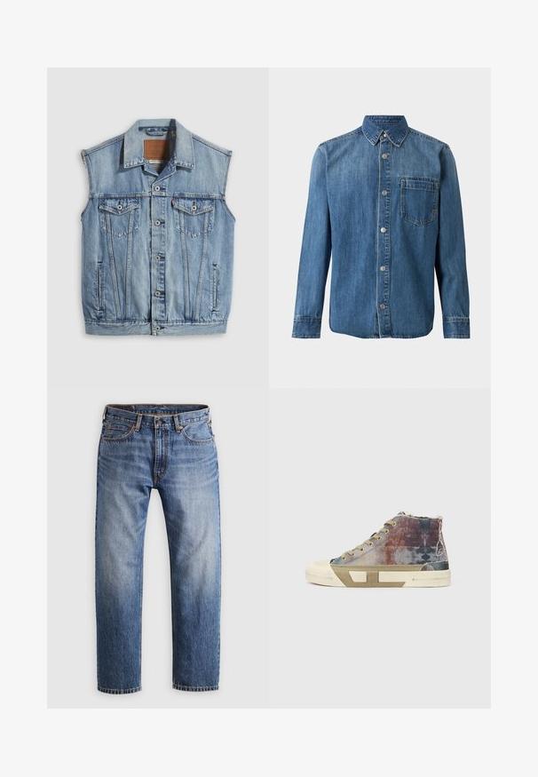 Denimvest in lichtblauw met een puntige kraag, knoopsluiting aan de voorkant, twee borstzakken en zijzakken; voorzien van een lederen merkpatch.; Blauw denim overhemd met lange mouwen, knopen aan de voorkant, puntige kraag en één borstzak op een witte achtergrond.; Rechtemodel blauwe denim jeans met een knoop- en ritssluiting, vijf zakken en oranje stiksels op een lichtgrijze achtergrond.; High-top sneakers met een meerkleurig canvas bovenwerk met vervaagde patronen, beige zool en een minimalistisch ontwerp. Blootgestelde stiksels en accenten.