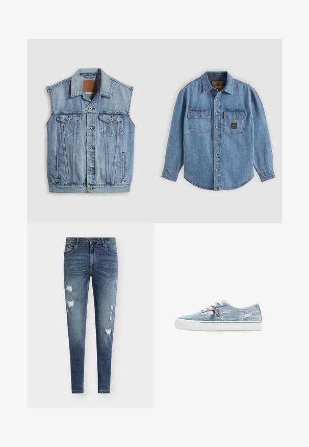 Denimvest i lyseblå med spidse krave, knapper foran, to brystlommer og sidelommer; har et lædermærke med mærket.; Blå denim skjorte med knapper, lange ærmer og to brystlommer, hvoraf den ene har en lille sort og guld lap.; Smaltsiddende blå denimjeans med slidte detaljer, flere revner og en falmet vask. Har fem-lomme-design og bæltestropper.; Lavtopet sneaker i lyseblåt denim med hvid gummisål, hvide snørebånd og dekorative charms, der hænger fra de sideplacerede snørehuller.