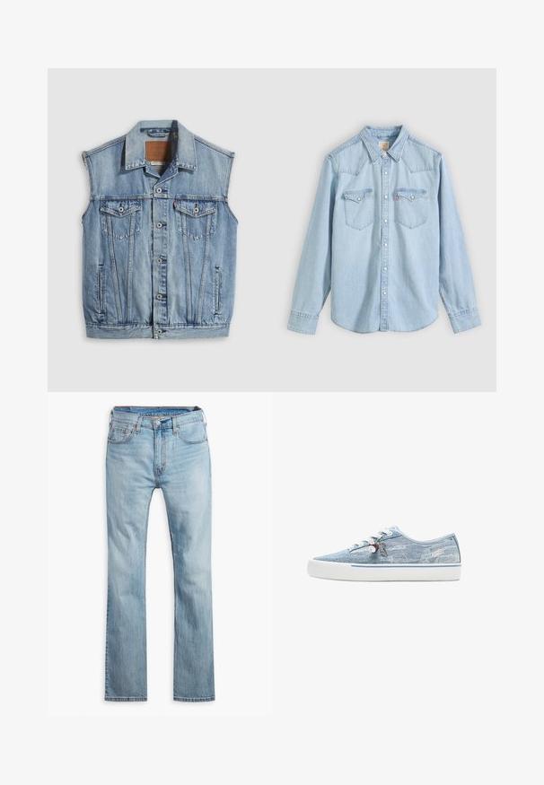 Denimvest in lichtblauw met een puntige kraag, knoopsluiting aan de voorkant, twee borstzakken en zijzakken; voorzien van een lederen merkpatch.; Lichtblauw denim overhemd met lange mouwen, knoopsluiting aan de voorkant, twee borstzakken met knoopklep en een puntige kraag op een effen achtergrond.; Lichtblauwe denim jeans, rechte pijpen, met vijf zakken, contrasterende stiksels en een knoopsluiting bij de tailleband.; Lage sneaker in lichtblauw denim met witte rubberen zool, witte veters en decoratieve hangertjes die aan de zijkant van de veterogen hangen.