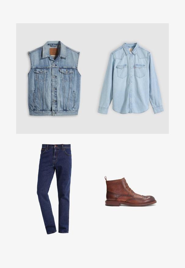 Veste en jean bleu clair avec col pointu, fermeture avant par boutons, deux poches poitrine et poches latérales ; comporte un écusson de marque en cuir.; Chemise en denim bleu clair à manches longues avec fermeture boutonnée devant, deux poches poitrine à rabat boutonné et col pointu sur fond uni.; Jean en denim droit bleu foncé avec poches avant, fermeture par bouton, passants de ceinture et coutures visibles.; Botte en cuir marron avec des détails brogue décoratifs, bout rond, design à lacets et un petit talon empilé. Comprend une languette à l'arrière.