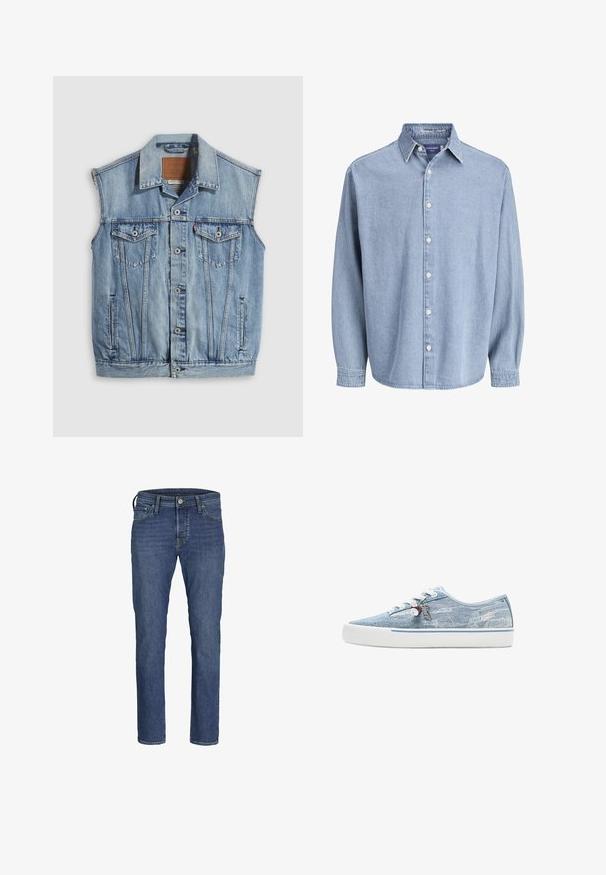 Jeansweste in Hellblau mit spitzem Kragen, vorderer Knopfleiste, zwei Brusttaschen und Seitentaschen; mit Leder-Branding-Patch versehen.; Himmelblaue Jeanshemd mit langen Ärmeln, Kragen und weißen Knöpfen, präsentiert vor einem schlichten weißen Hintergrund.; Herren Jeans aus blauem Denim mit geradem Bein, fünf Taschen und klassischem Knopf- und Reißverschluss.; Niedriger Sneaker aus hellblauem Denim mit weißer Gummisohle, weißen Schnürsenkeln und dekorativen Anhängern, die an den seitlichen Ösen hängen.
