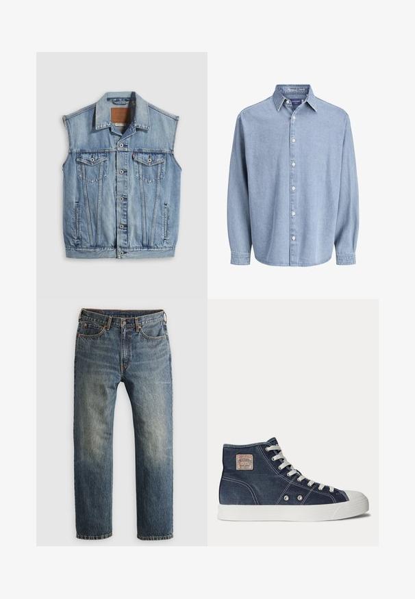 Jeansweste in Hellblau mit spitzem Kragen, vorderer Knopfleiste, zwei Brusttaschen und Seitentaschen; mit Leder-Branding-Patch versehen.; Himmelblaue Jeanshemd mit langen Ärmeln, Kragen und weißen Knöpfen, präsentiert vor einem schlichten weißen Hintergrund.; Blaue, ausgebleichte gerade geschnittene Jeans aus Denim mit Fronttaschen, Gürtelschlaufen, Knopf und Reißverschluss auf einem hellen Hintergrund.; Marineblaue High-Top-Sneaker mit weißen Schnürsenkeln, weißer Gummisohle, Metallösen und einem kleinen beigen Markenpatch im Knöchelbereich.