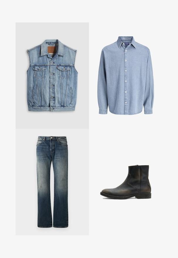 Denimvest in lichtblauw met een puntige kraag, knoopsluiting aan de voorkant, twee borstzakken en zijzakken; voorzien van een lederen merkpatch.; Lichtblauwe denim lange mouw knoophemd met kraag en witte knopen, weergegeven tegen een effen witte achtergrond.; Donkerblauwe wijde spijkerbroek van denim. Kenmerkt zich door vervaagde details, een traditionele vijf-pocketontwerp en een metalen knoopsluiting bij de taille.; AllSaints LANG - Lage laarzen - brown