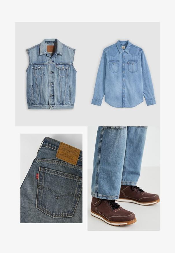 Denimvest i lyseblå med spidse krave, knapper foran, to brystlommer og sidelommer; har et lædermærke med mærket.; Lyseblå denim langærmet skjorte med spids krave, to brystlommer med klapper og hvide trykknapper foran.; Baglomme på blå denim Levi's jeans med gul syning og et brunt lædermærke fra Levi Strauss & Co. ved linningen.; Brune lædersko med sorte snørebånd, hvid syning og gummisål. Bæres sammen med lyseblå denim jeans i en let løs pasform.