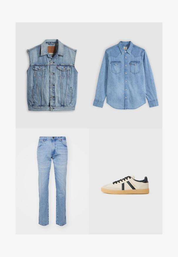 Veste en jean bleu clair avec col pointu, fermeture avant par boutons, deux poches poitrine et poches latérales ; comporte un écusson de marque en cuir.; Chemise en denim bleu clair à manches longues, col pointu, deux poches poitrine avec rabats et boutons pression blancs à l'avant.; Jean en denim bleu clair avec une coupe droite, cinq poches et une fermeture à bouton en métal. Présente des coutures le long des coutures et des ourlets.; Baskets décontractées en crème avec des rayures noires, présentant un dessus texturé et une semelle en caoutchouc. Les lacets sont noirs. Logo discret sur le côté.