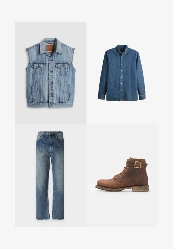 Chaleco vaquero en azul claro con cuello puntiagudo, cierre frontal con botones, dos bolsillos en el pecho y bolsillos laterales; cuenta con una etiqueta de cuero con la marca.; Camisa de mezclilla de botón en azul medio, con mangas largas, collar puntiagudo, botones blancos y un corte ajustado con un sutil bordado de logo.; Jeans de mezclilla azul con corte recto, que presentan un lavado desgastado, lazos para cinturón, bolsillos frontales y un solo bolsillo trasero.; Harley Davidson VNTGMOTO SHORT RIDING APPROVED - Botines camperos - brown