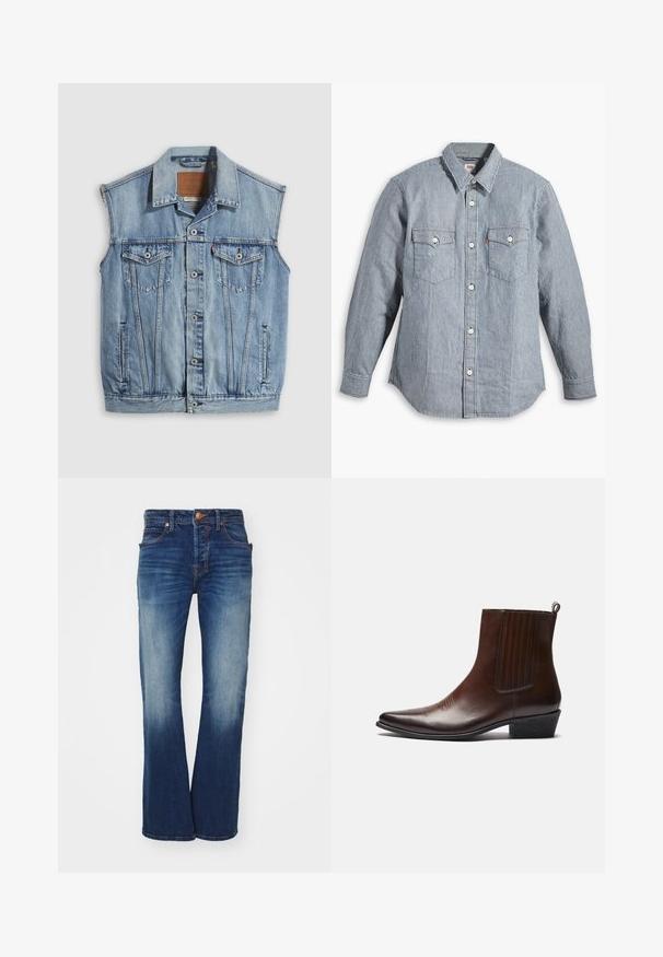 Veste en jean bleu clair avec col pointu, fermeture avant par boutons, deux poches poitrine et poches latérales ; comporte un écusson de marque en cuir.; Chemise à manches longues rayée bleu et blanc, boutonnée sur le devant, deux poches poitrine, col, tissu doux, coupe standard, design classique.; Jean en denim bleu avec une coupe évasée, cinq poches et une fermeture à bouton en laiton. Présente un léger délavage et des coutures contrastées.; Bottine en cuir marron avec un bout pointu, des panneaux latéraux élastiques, des détails texturés sur le devant et un petit talon empilé.