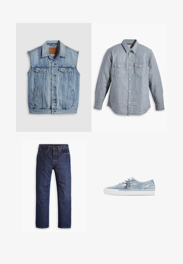 Denimvest i lyseblå med spidse krave, knapper foran, to brystlommer og sidelommer; har et lædermærke med mærket.; Blå og hvide stribede langærmede skjorte med knappelukning foran, to brystlommer, krave, blødt stof, standard pasform, klassisk design.; Mørkeblå straight-leg denim jeans med frontknap, lynlås, fem lommer og detaljer i kobbernitter.; Lavtopet sneaker i lyseblåt denim med hvid gummisål, hvide snørebånd og dekorative charms, der hænger fra de sideplacerede snørehuller.