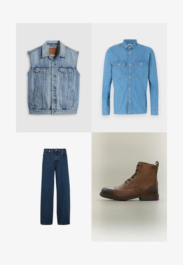 Chaleco vaquero en azul claro con cuello puntiagudo, cierre frontal con botones, dos bolsillos en el pecho y bolsillos laterales; cuenta con una etiqueta de cuero con la marca.; Camisa de denim azul claro con mangas largas, cierre frontal de botones, dos bolsillos en el pecho, cuello puntiagudo y botones dorados. Textura suave, diseño casual.; Vaqueros de mezclilla en azul oscuro, con un corte de pierna ancha, diseño de cinco bolsillos y un cierre clásico de botón con cremallera de metal.; Bota de cuero marrón con cordones hasta el tobillo, puntera negra, suela redonda y detalle de marca en el lateral sobre un fondo liso.