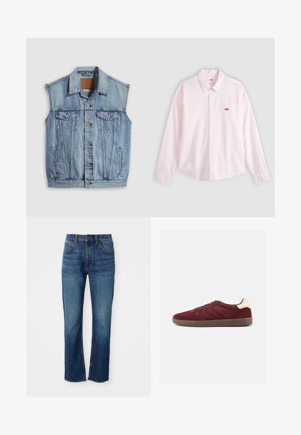 Denimvest i lyseblå med spidse krave, knapper foran, to brystlommer og sidelommer; har et lædermærke med mærket.; Lyserød langærmet skjorte med knapper og krave samt rød Levi's logo-mærkat på venstre bryst, vist på en ensfarvet baggrund.; Blå denim jeans med lige ben-design, der har fem lommer, en knaplukning og kontrasterende gule syninger. Glat tekstur.; Bordeaux ruskindsneaker med snørelukning foran, tekstureret sideudformning og lysfarvet hælaccents. Gummisål med glat finish.