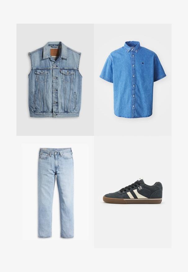 Denimvest i lyseblå med spidse krave, knapper foran, to brystlommer og sidelommer; har et lædermærke med mærket.; Kortærmet denimskjorte i lyseblå med button-down krave, der har et brystlogo og iøjnefaldende syninger.; Lyseblå denimjeans med lige ben, fem-lommerstil og robust syning. Har lynlås og metalknap.; Mørkeblå ruskinds sneakers med cremefarvede striber, sorte snørebånd og en brun gummisål. Har polstret krave og logo på siden.
