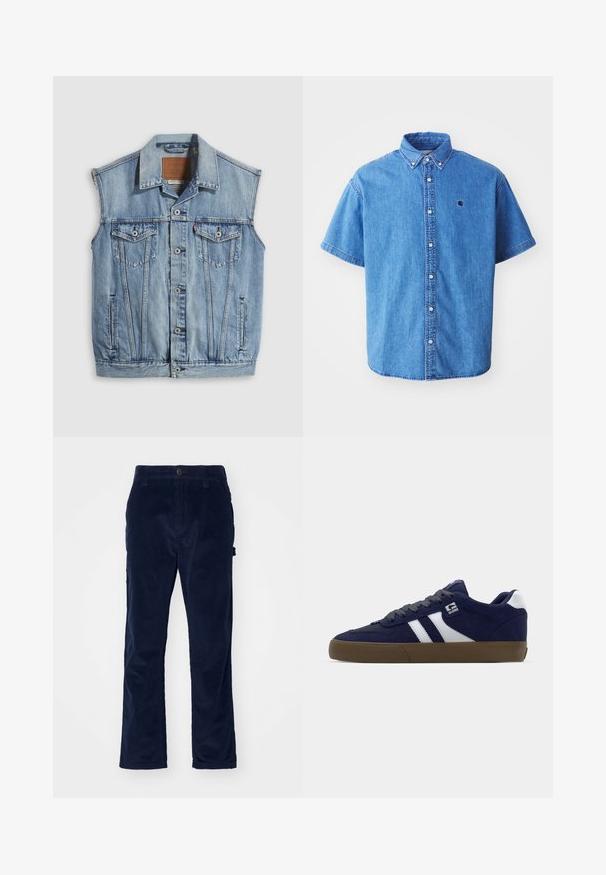 Veste en jean bleu clair avec col pointu, fermeture avant par boutons, deux poches poitrine et poches latérales ; comporte un écusson de marque en cuir.; Chemise en denim à manches courtes de couleur bleu clair avec un col boutonné, comportant un logo sur la poitrine et des détails de couture visibles.; Pantalon en velours côtelé marine avec une coupe droite, présentant une texture à côtes verticales et une fermeture à bouton à l'avant.; Baskets en daim bleu marine avec des rayures blanches, des lacets gris et une semelle en caoutchouc brun texturé. Présente un logo sur le côté et un col rembourré.