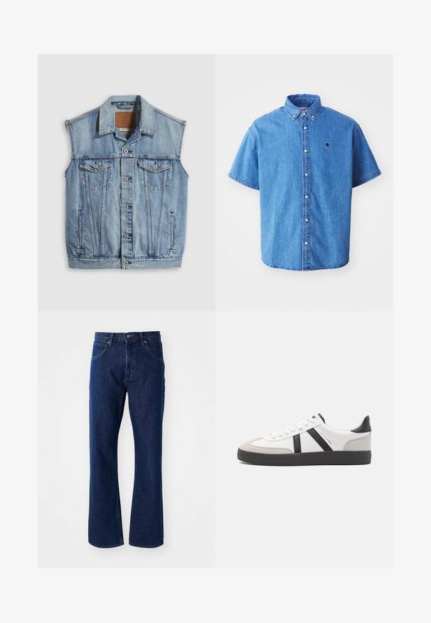 Denimvest i lyseblå med spidse krave, knapper foran, to brystlommer og sidelommer; har et lædermærke med mærket.; Kortærmet denimskjorte i lyseblå med button-down krave, der har et brystlogo og iøjnefaldende syninger.; Mørkeblå lige ben denim jeans med knap- og lynlås-lukning, bæltestropper og forlommer på en ensfarvet baggrund.; Hvide sneakers med sorte og grå detaljer, med en tekstureret grå tåhætte, sort gummisål og flade hvide snørebånd. Rent design, minimalistisk stil.