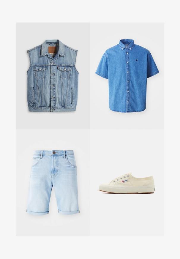 Denimvest i lyseblå med spidse krave, knapper foran, to brystlommer og sidelommer; har et lædermærke med mærket.; Kortærmet denimskjorte i lyseblå med button-down krave, der har et brystlogo og iøjnefaldende syninger.; Lyseblå denimshorts med opfoldede kanteder, klassisk fem-lomme design og et bronzefarvet logo-patch på linning. Glat tekstur.; Beige lærredssneaker med et lavprofildesign, metaløjet og gummisål. Har et tekstureret mønster og logodetalje på siden.