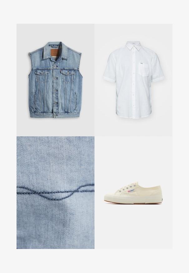 Denimvest i lyseblå med spidse krave, knapper foran, to brystlommer og sidelommer; har et lædermærke med mærket.; Hvid kortærmet skjorte lavet af hør, med knapned krave, forlommer og subtile stikninger.; Lyseblåt denimstof med en synlig buet søm. Teksturen ser glat ud, med ensartet syning i mørkeblå tråd.; Beige lærredssneaker med et lavprofildesign, metaløjet og gummisål. Har et tekstureret mønster og logodetalje på siden.