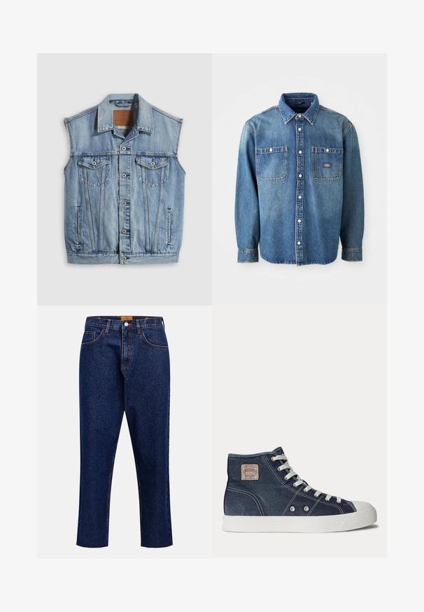 Denimvest i lyseblå med spidse krave, knapper foran, to brystlommer og sidelommer; har et lædermærke med mærket.; Denimskjorte i mellemblå, med spidse kraver, to brystlommer og sølvknapper. Lange ærmer med knapmanchetter.; Mørkeblå denimjeans med lige snit, høj talje, fem lommer og frynset kant. Kontrastsyning og detalje med knaplukning.; Marineblå højtop-sneaker med hvide snørebånd, hvid gummisål, metaløjer og et lille beige mærke på ankelen.