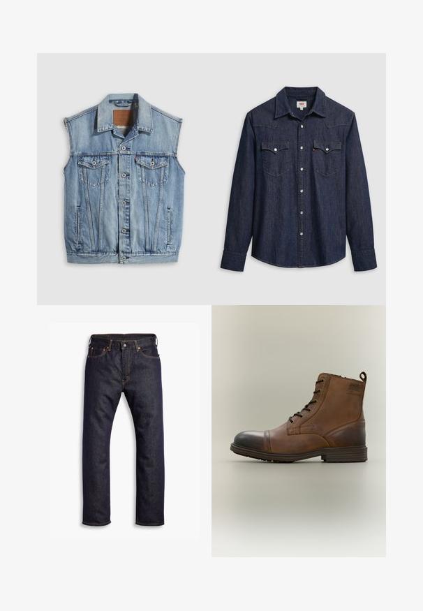 Jeansweste in Hellblau mit spitzem Kragen, vorderer Knopfleiste, zwei Brusttaschen und Seitentaschen; mit Leder-Branding-Patch versehen.; Dunkelblaues Denimhemd mit spitzem Kragen, Druckknöpfen und Brusttaschen. Mit Ziernähten und langen Ärmeln versehen.; Dunkelblaue gerade geschnittene Jeans aus Denim mit fünf Taschen und orangefarbenen Kontrastnähten, flach auf einem weißen Hintergrund ausgelegt.; Brauner Leder-Schnürstiefel bis zum Knöchel mit schwarzer Zehenkappe, runder Sohle und Markenlabel an der Seite vor schlichtem Hintergrund.