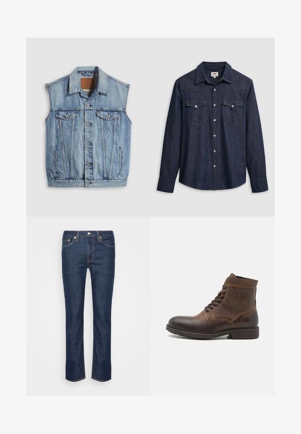 Denimvest i lyseblå med spidse krave, knapper foran, to brystlommer og sidelommer; har et lædermærke med mærket.; Mørkeblå denimskjorte med spids krave, trykknapper og brystlommer. Har syningsdetaljer og lange ærmer.; Mørkeblå lige ben denim jeans med orange søm, fem lommer og en frontknap samt lynlås.; Jack & Jones JFWDELANEY BOOT - Snørestøvletter - cognac