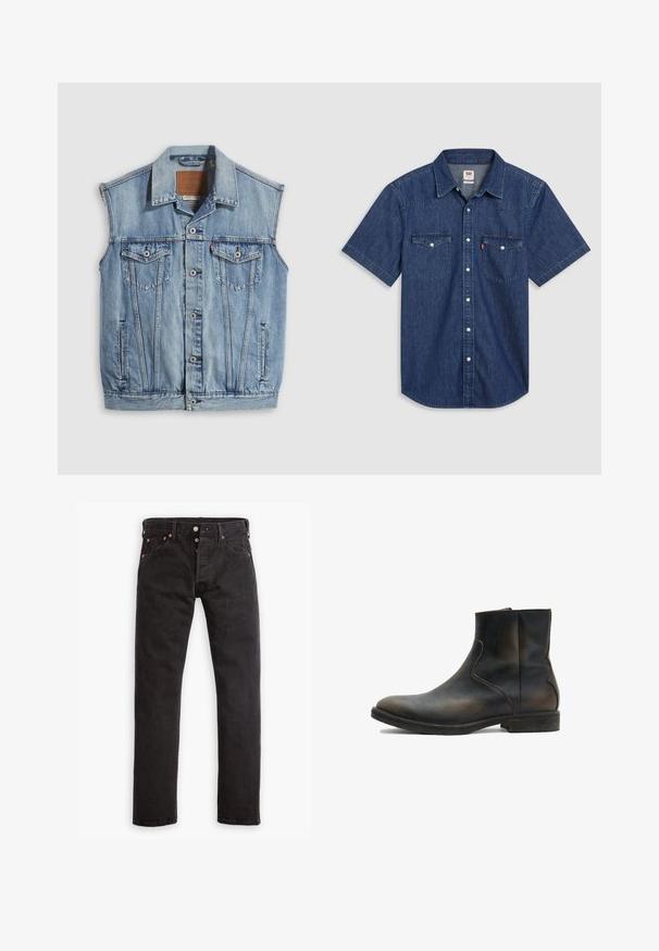 Denimvest i lyseblå med spidse krave, knapper foran, to brystlommer og sidelommer; har et lædermærke med mærket.; Kortærmet denimskjorte i mørkeblå, med to brystlommer, knappelukning foran og en krave med forstærket syning.; Sorte slim-fit jeans med knapåbning, fem lommer og kobbernitter liggende fladt på en hvid baggrund.; AllSaints LANG - Støvletter - brown