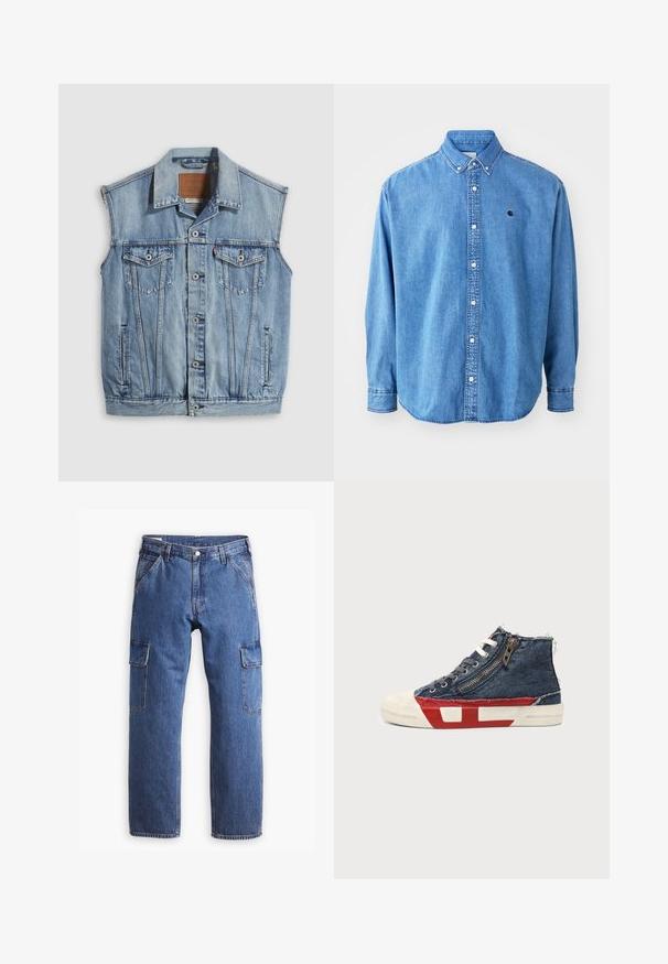 Denimvest i lyseblå med spidse krave, knapper foran, to brystlommer og sidelommer; har et lædermærke med mærket.; Denim button-down skjorte, lyseblå i farven, med krave, lange ærmer og et lille logo på brystet. Har hvide knapper og syninger.; Blå denim cargo bukser med lige ben-design, to sidelommer og synlige sømdetaljer. Generelt en afslappet og funktionel stil.; Højt sneakers med blåt denimstof, hvide snørebånd, sidelukning med lynlås og rød-hvid såldesign på ensfarvet baggrund.