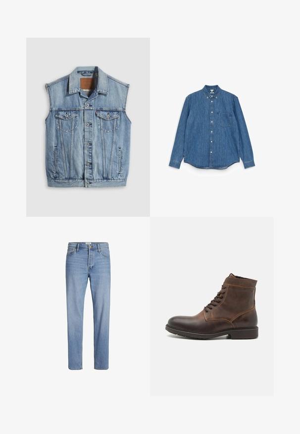 Veste en jean bleu clair avec col pointu, fermeture avant par boutons, deux poches poitrine et poches latérales ; comporte un écusson de marque en cuir.; Chemise en denim bleu à manches longues avec un col pointu, des boutons blancs, une poche poitrine unique et un ourlet droit. Texture uniforme et poids moyen.; Jean en denim bleu clair avec une coupe droite, design standard à cinq poches et couture visible. Pas de motifs distincts ni d'accents.; Jack & Jones JFWDELANEY BOOT - Bottines à lacets - cognac