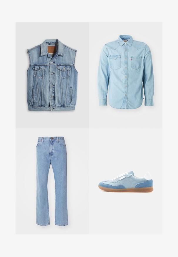 Denimvest i lyseblå med spidse krave, knapper foran, to brystlommer og sidelommer; har et lædermærke med mærket.; Lys blå denim skjorte med lange ærmer, spids krave, to brystlommer, sølvnapsknapper og kontrastsyninger. Glat tekstur.; Lyseblå straight-leg denim jeans med frontknap- og lynlåslukning, bæltestropper og standard forlommer.; Lav sko med lyseblå og denim paneler, hvide snørebånd, hvid hælflap og sål af gummigummi, set fra siden.