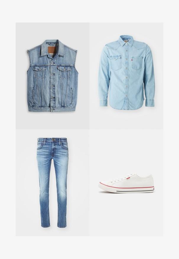 Chaleco vaquero en azul claro con cuello puntiagudo, cierre frontal con botones, dos bolsillos en el pecho y bolsillos laterales; cuenta con una etiqueta de cuero con la marca.; Camisa de denim azul clara de manga larga con cuello puntiagudo, dos bolsillos en el pecho, botones de presión plateados y costuras en contraste. Textura suave.; Jeans de mezclilla azul claro con un diseño descolorido, corte recto, estilo de cinco bolsillos, cierre de botón de metal y costura en contraste.; Levi's® HERNANDEZ - Zapatillas - regular white