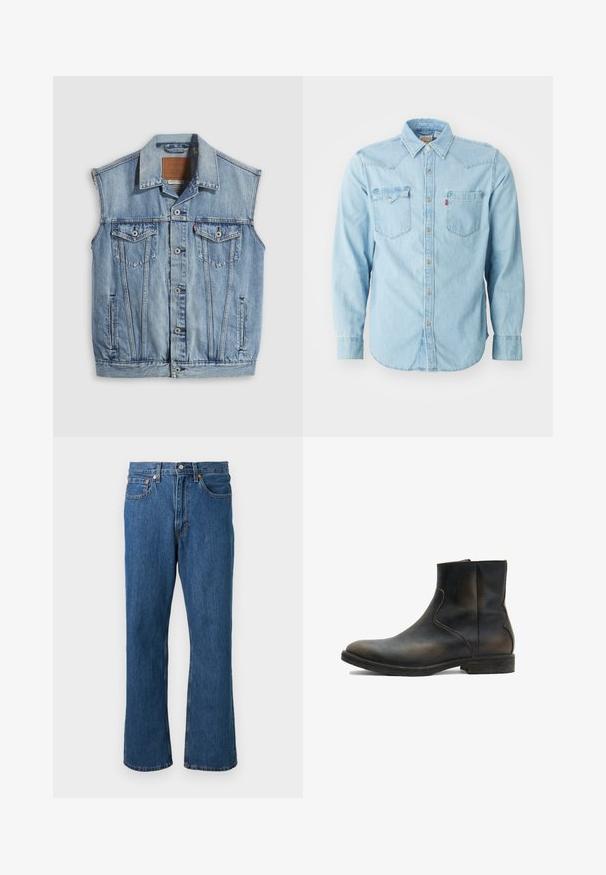 Denimvest in lichtblauw met een puntige kraag, knoopsluiting aan de voorkant, twee borstzakken en zijzakken; voorzien van een lederen merkpatch.; Lichtblauwe denim overhemd met lange mouwen, een puntige kraag, twee borstzakken, zilveren drukknoopsluitingen en contrasterende stiksels. Glad textuur.; Blauwe rechttoe rechtaan denim jeans met voorzijde knoop en rits, vijf zakken en oranje stiksel details op een effen achtergrond.; AllSaints LANG - Lage laarzen - brown
