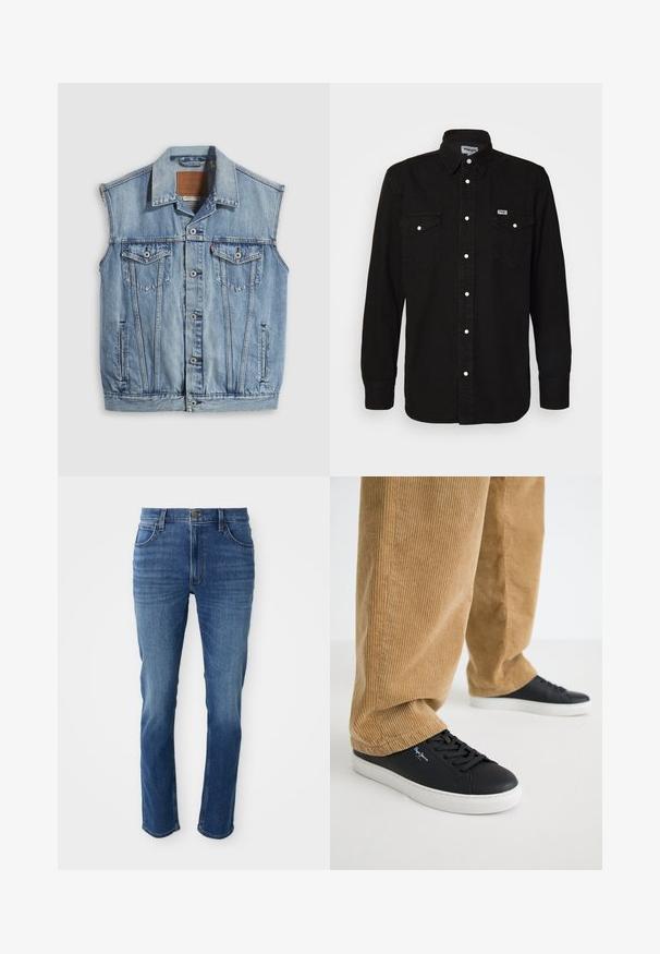 Denimvest i lyseblå med spidse krave, knapper foran, to brystlommer og sidelommer; har et lædermærke med mærket.; Sort skjorte med knapper og spidse krave, to brystlommer, hvide trykknapper og tekstureret stof. Wrangler-logo på venstre bryst.; Blå denim jeans med lige snit, fem lommer og lynlås. Har subtle farvefading og kontraststing langs sømmene.; Sorte lædersneakers med hvide gummisåler. Båret med tanfarvede corduroybukser med vertikale ribber og en afslappet pasform.