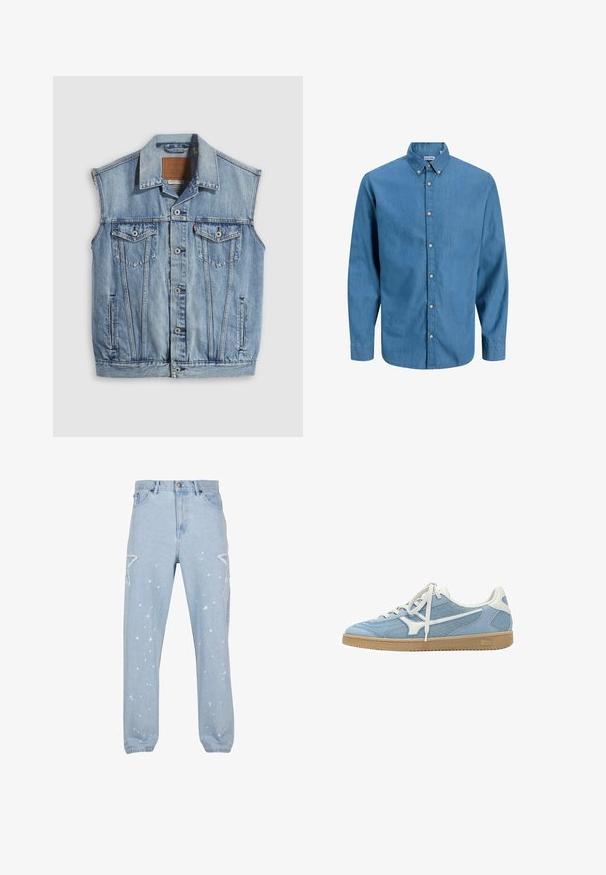 Jeansweste in Hellblau mit spitzem Kragen, vorderer Knopfleiste, zwei Brusttaschen und Seitentaschen; mit Leder-Branding-Patch versehen.; Blaue Hemdbluse aus Denim mit Kragen und langen Ärmeln. Schlichte Textur mit sichtbaren Knöpfen auf der Vorderseite.; Hellblaue Jeans aus Denim mit entspannter Passform, ausgestattet mit sternförmigen Ausschnitten, Farbspritzern und einem klassischen Fünf-Taschen-Design.; Hellblaue und weiße Sneaker mit niedrigem Schaft, Mesh- und Wildleder-Obermaterial, weißen Schnürsenkeln und Gummisohle.