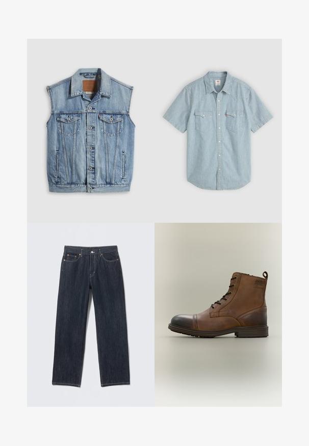Denimvest i lyseblå med spidse krave, knapper foran, to brystlommer og sidelommer; har et lædermærke med mærket.; Kortærmet skjorte i lyseblå med hvide striber, med traditionelt krave, to brystlommer og knaplukning. Bomuldsmateriale.; Mørkeblå denimjeans med en lige pasform, bæltestropper, for- og baglommer samt kontrasterende syninger. Ingen synlige mønstre eller pynt.; Brun læderstøvle med snørebånd, sort tåhætte, rund sål og mærket detalje på siden mod ensfarvet baggrund.