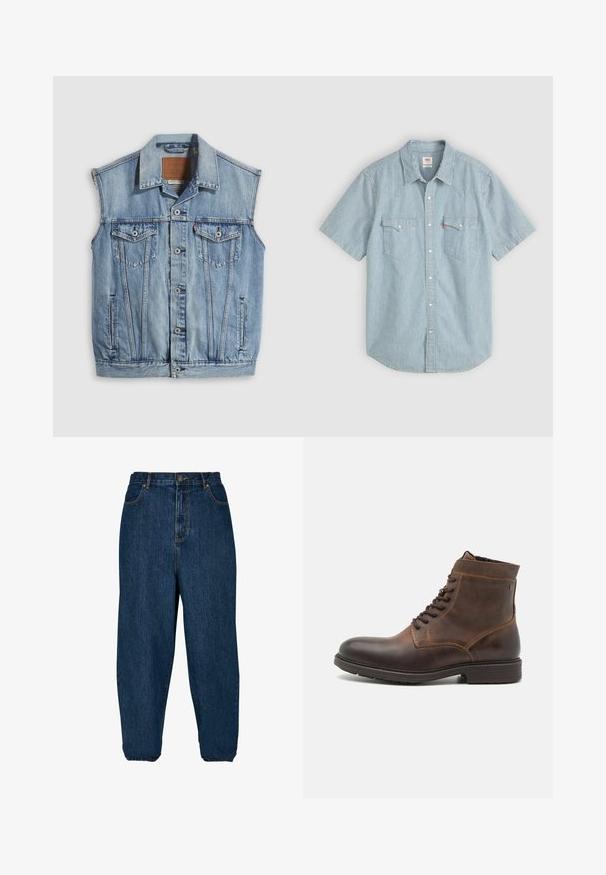 Denimvest in lichtblauw met een puntige kraag, knoopsluiting aan de voorkant, twee borstzakken en zijzakken; voorzien van een lederen merkpatch.; Korte mouwen shirt in lichtblauw met witte strepen, voorzien van een traditionele kraag, twee borstzakken en knoopsluiting. Gemaakt van katoen.; Donkerblauwe spijkerbroek met een relaxed fit, hoge taille en elastische boorden. Voorzien van een knoopsluiting aan de voorkant en vijf zakken.; Jack & Jones JFWDELANEY BOOT - Veterboots - cognac