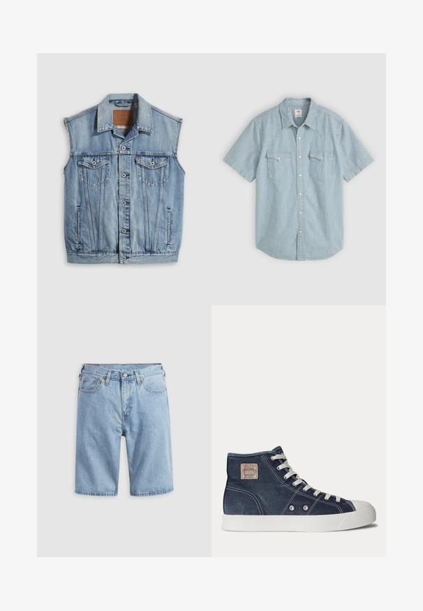 Denimvest in lichtblauw met een puntige kraag, knoopsluiting aan de voorkant, twee borstzakken en zijzakken; voorzien van een lederen merkpatch.; Korte mouwen shirt in lichtblauw met witte strepen, voorzien van een traditionele kraag, twee borstzakken en knoopsluiting. Gemaakt van katoen.; Lichtblauwe spijkershort met voorzakken, riemlussen en knoopsluiting op een effen lichte achtergrond.; Marineblauwe hoge sneaker met witte veters, witte rubberen zool, metalen oogjes en een klein beige merklabel op het enkelgebied.