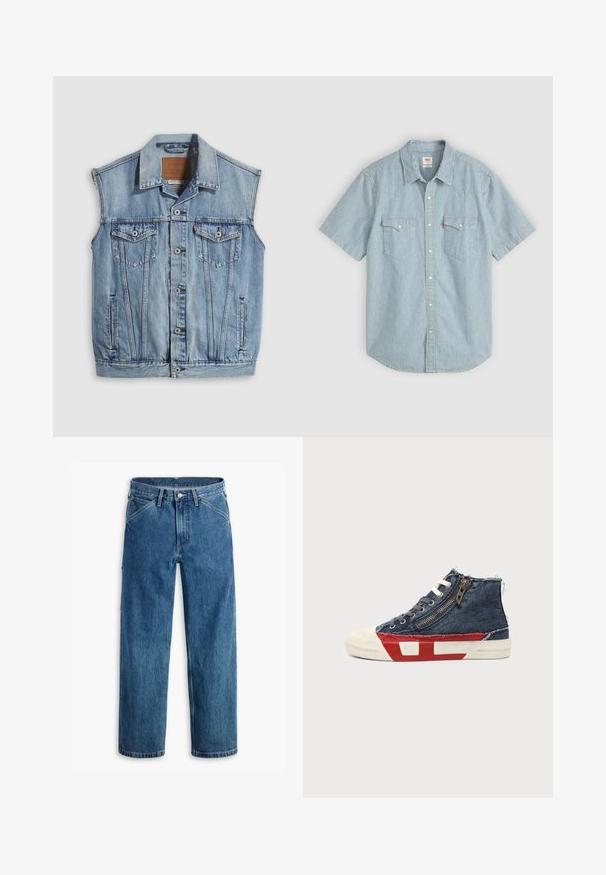 Denimvest in lichtblauw met een puntige kraag, knoopsluiting aan de voorkant, twee borstzakken en zijzakken; voorzien van een lederen merkpatch.; Korte mouwen shirt in lichtblauw met witte strepen, voorzien van een traditionele kraag, twee borstzakken en knoopsluiting. Gemaakt van katoen.; Blauwe denim jeans met rechte pijpen, voorzakken, riemlussen, metalen knoop en rits aan de voorkant, op een witte achtergrond.; High-top sneaker met blauwe denimstof, witte veters, zijrits en rood-wit zoolontwerp op een effen achtergrond.