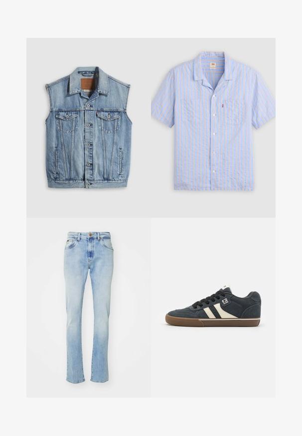 Denimvest i lyseblå med spidse krave, knapper foran, to brystlommer og sidelommer; har et lædermærke med mærket.; Lyseblå kortærmet skjorte med knapper, hvide og beige lodrette striber, to brystlommer og et lille rødt mærke på venstre lomme.; Lyseblå denim jeans med lige pasform, der har fem lommer, knaplukning og subtil falming ved lårene og kanten.; Mørkeblå ruskinds sneakers med cremefarvede striber, sorte snørebånd og en brun gummisål. Har polstret krave og logo på siden.